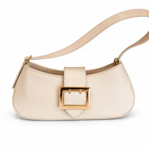 ANGEL POLO Off-White Leather Shoulder Bag with Oversized Gold Buckle
