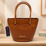ANGEL POLO Cognac Brown Leatherette Bucket Tote Bag with Front Pocket