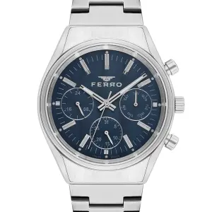 Ferro Men's Stainless Steel Multi-Function Analog Watch – Blue Dial, Silver Strap MS Department Store Oman