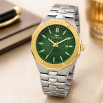 Ferro Men's Two-Tone Stainless Steel Analog Watch with Green Textured Dial & Date Display MS Department Store Oman