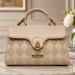 ANGELPOLO Beige Nude Quilted Top-Handle Satchel with Turn-Lock Closure