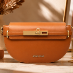 ANGEL POLO Cognac Brown Half-Moon Crossbody Bag with Gold Bar Lock