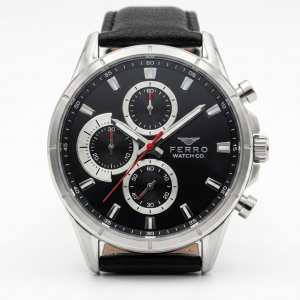 Ferro Men's Chronograph Style Analog Watch with Black Dial & Black Leather Strap – Silver Stainless Steel Case MS Department Store Oman