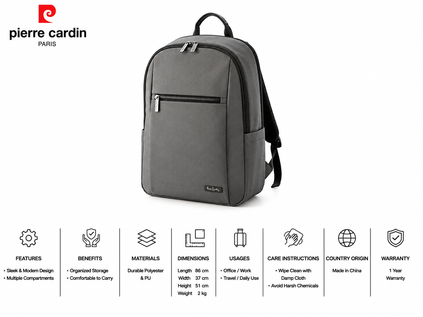 Pierre Cardin Oasis Backpack Grey MS Department Store Oman