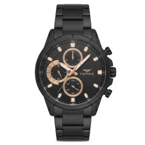 Ferro Men's Black Chronograph Analog Watch with Rose Gold Accents & Stainless Steel Strap MS Department Store Oman