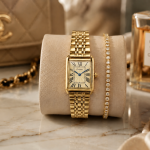 Ceshdun Classic Rectangular Roman Dial Watch & Crystal Bracelet Set-Gold MS Department Store Oman