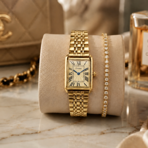 Ceshdun Classic Rectangular Roman Dial Watch & Crystal Bracelet Set-Gold MS Department Store Oman