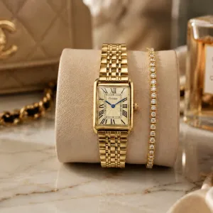 Ceshdun Classic Rectangular Roman Dial Watch & Crystal Bracelet Set-Gold MS Department Store Oman