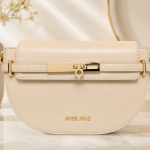 ANGEL POLO Beige Nude Half-Moon Crossbody Bag with Gold Bar Lock