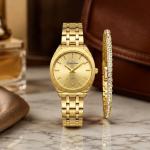 Ceshdun Elegant Gold-Tone Women’S Round Wristwatch & Crystal Bracelet Gift Set With Champagne Dial MS Department Store Oman