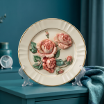 Raised Relief Rose Floral Decorative Porcelain Plate MS Department Store Oman