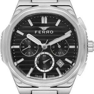 Ferro Men's Stainless Steel Chronograph Watch with Black Textured Dial & Date Display MS Department Store Oman