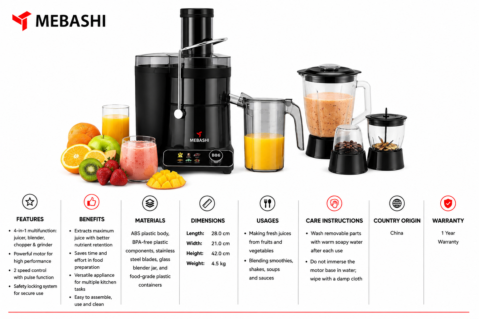 Mebashi 4in1 Juicer Blender Touch Panel (1.5L;85mm;SS) MS Department Store Oman