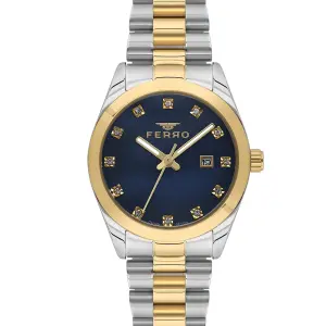 Ferro Women's Two-Tone Stainless Steel Analog Watch with Blue Crystal Dial & Date Display MS Department Store Oman