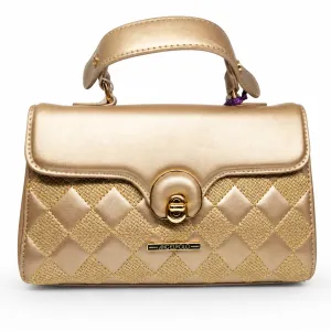 ANGELPOLO Champagne Gold Quilted Top-Handle Satchel with Turn-Lock Closure