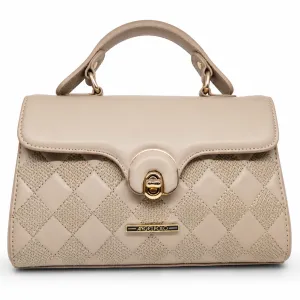 ANGELPOLO Beige Nude Quilted Top-Handle Satchel with Turn-Lock Closure