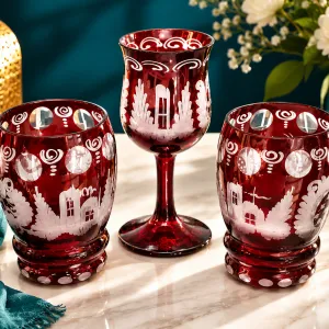 Etched Ruby Red Bohemian-Style Glassware Set MS Department Store Oman