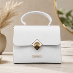 ANGELPOLO Pure White Textured Top-Handle Satchel with Diamond Lock