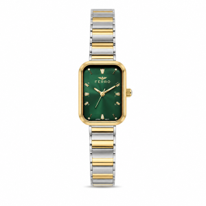 Ferro Women's Two-Tone Rectangular Green Dial Analog Watch – Stainless Steel Bracelet MS Department Store Oman
