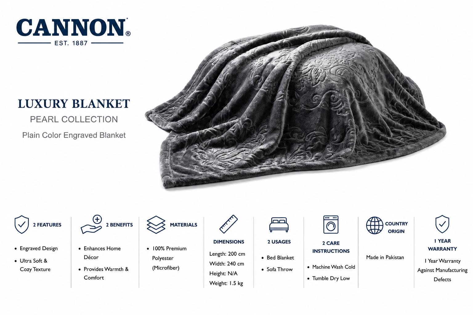 Cannon Blanket 160X220 2.2Kg 1 Ply MS Department Store Oman