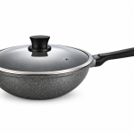 Angela Granite Grey Non-Stick Deep Frying Wok Pan with Glass Lid and Long Handle