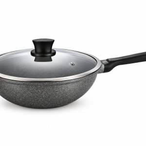 Angela Granite Grey Non-Stick Deep Frying Wok Pan with Glass Lid and Long Handle
