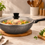 Angela Granite Grey Non-Stick Deep Frying Wok Pan with Glass Lid and Long Handle