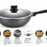 Angela Granite Grey Non-Stick Deep Frying Wok Pan with Glass Lid and Long Handle