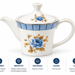 Angela White Teapot with Blue Rose Design and Gold Trim MS Department Store Oman