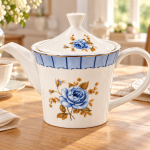 Angela White Teapot with Blue Rose Design and Gold Trim MS Department Store Oman