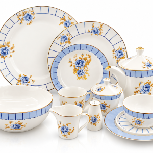 Angela Blue Rose Bone China Dinnerware and Tea Set with Gold Rims MS Department Store Oman