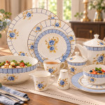 Angela Blue Rose Bone China Dinnerware and Tea Set with Gold Rims MS Department Store Oman