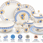 Angela Blue Rose Bone China Dinnerware and Tea Set with Gold Rims MS Department Store Oman