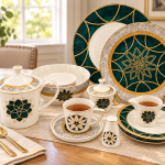 Angela Emerald and Gold Floral Ceramic Dinnerware and Tea Set MS Department Store Oman
