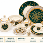 Angela Emerald and Gold Floral Ceramic Dinnerware and Tea Set MS Department Store Oman