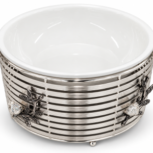 Angela Elegant Round Buffet Serving Stand with White Bowl, Silver-Tone Metal Frame and Decorative Floral Design