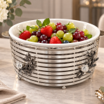 Angela Elegant Round Buffet Serving Stand with White Bowl, Silver-Tone Metal Frame and Decorative Floral Design