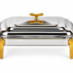 Angela Luxury Rectangular Stainless Steel Buffet Food Warmer with Lid, Gold-Tone Handles and Stand