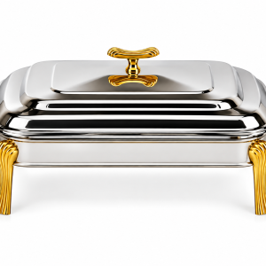 Angela Luxury Rectangular Stainless Steel Buffet Food Warmer with Lid, Gold-Tone Handles and Stand