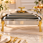 Angela Luxury Rectangular Stainless Steel Buffet Food Warmer with Lid, Gold-Tone Handles and Stand