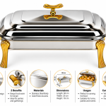 Angela Luxury Rectangular Stainless Steel Buffet Food Warmer with Lid, Gold-Tone Handles and Stand