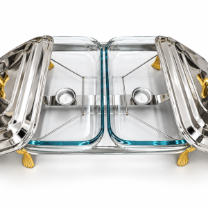 Angela Double Glass Chafing Dish Set with Metal Lids and Gold Accents MS Department Store Oman