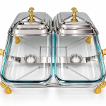 Angela Double Glass Chafing Dish Set with Metal Lids and Gold Accents MS Department Store Oman