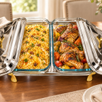 Angela Double Glass Chafing Dish Set with Metal Lids and Gold Accents MS Department Store Oman