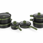 Angela Black Cookware Set with Glass Lids and Olive Green Handles (24-28-16-20-24-28 cm) MS Department Store Oman