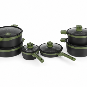 Angela Black Cookware Set with Glass Lids and Olive Green Handles (24-28-16-20-24-28 cm) MS Department Store Oman