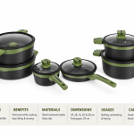 Angela Black Cookware Set with Glass Lids and Olive Green Handles (24-28-16-20-24-28 cm) MS Department Store Oman
