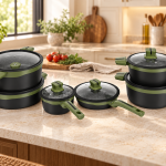 Angela Black Cookware Set with Glass Lids and Olive Green Handles (24-28-16-20-24-28 cm) MS Department Store Oman
