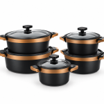 Angela 10-Piece Black Non-Stick Casserole Set with Glass Lids and Gold Accents MS Department Store Oman