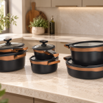 Angela 10-Piece Black Non-Stick Casserole Set with Glass Lids and Gold Accents MS Department Store Oman